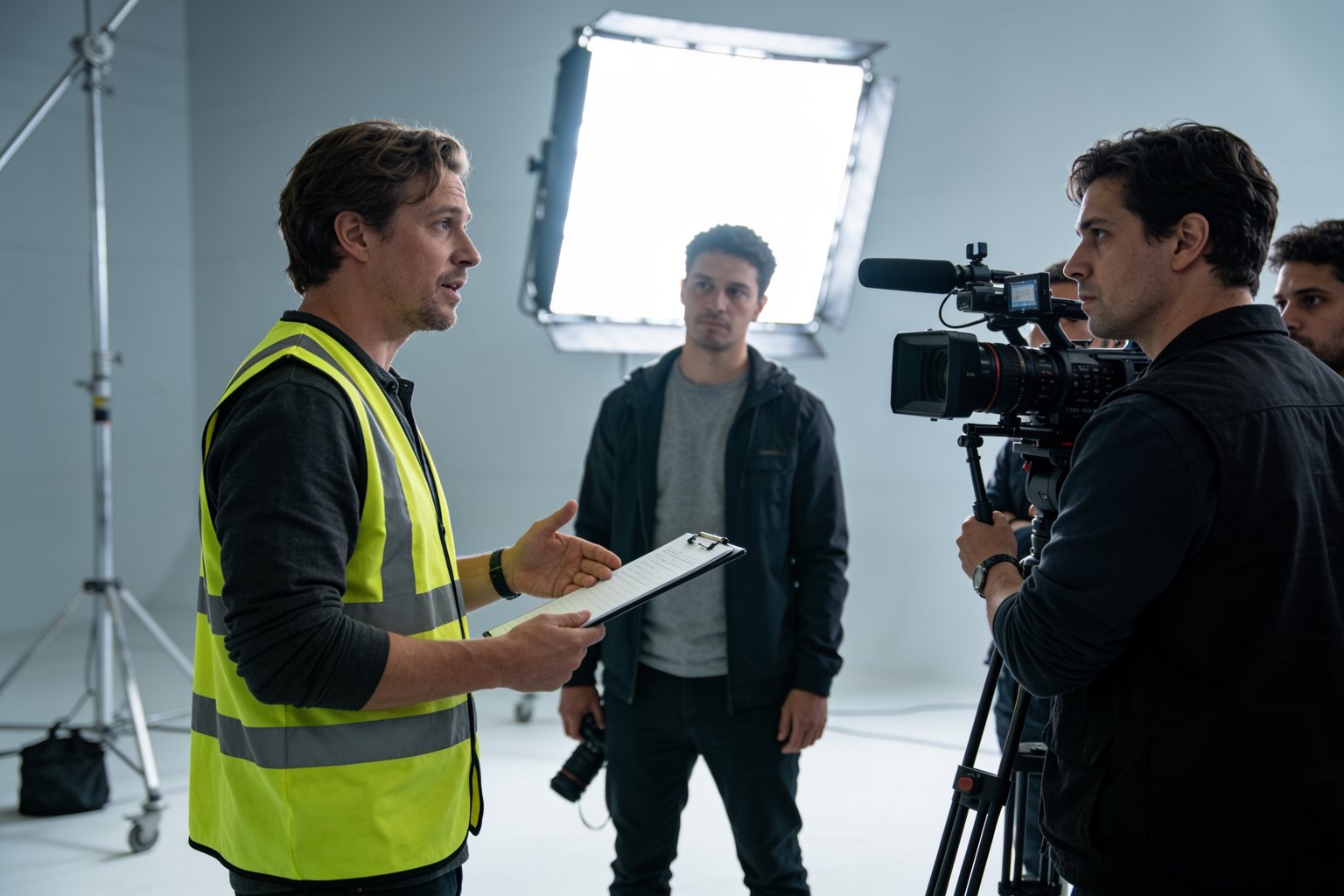 Sicherheitsunterweisung vor Drehbeginn in einem hellen Filmstudio