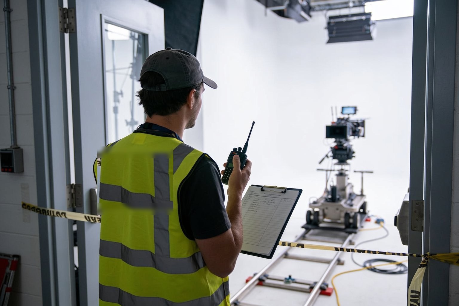 Health- und Safety-Koordinator mit Funkgerät und Checkliste am Filmset