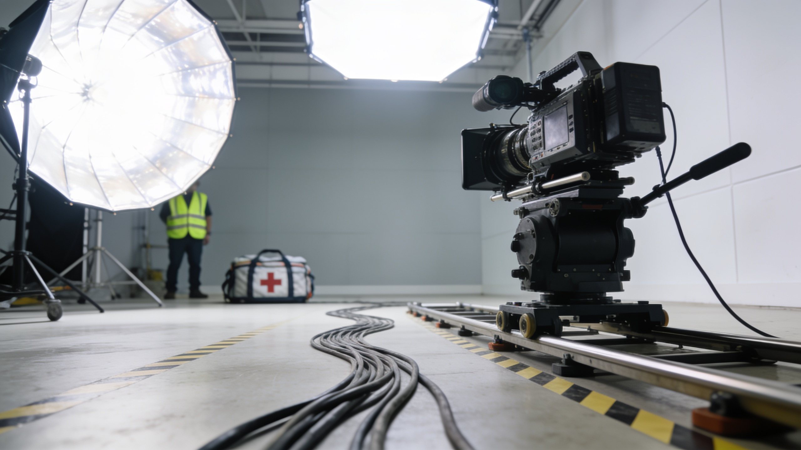 Filmset mit Kamera auf Dolly, Studioleuchten und Notfalltasche