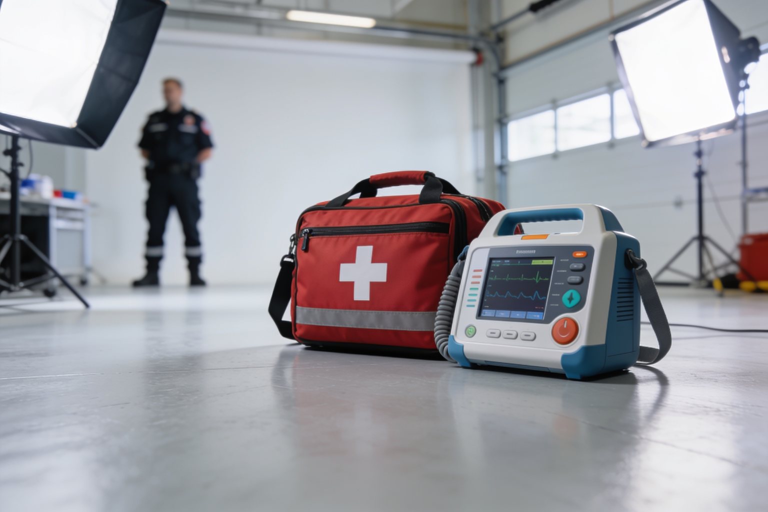 Notfalltasche und Defibrillator auf einem hellen Filmset